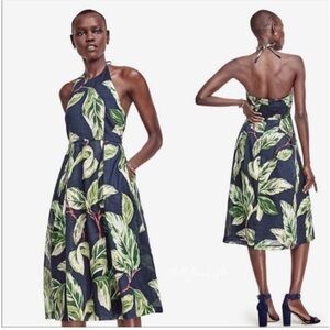 Ann Taylor Navy and green palm print Halter top Dress